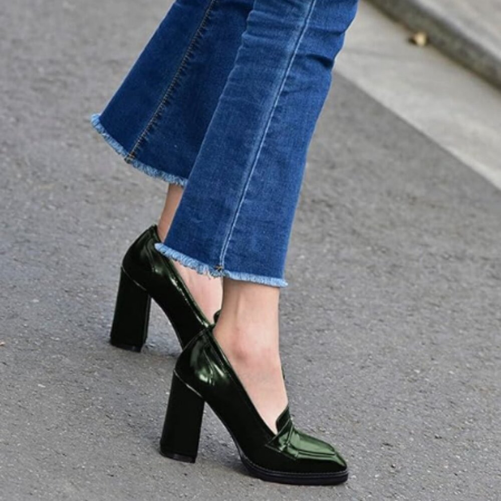 FOWT Dark Green High Block Heels Loafers for Women Classical Square Toe Pumps